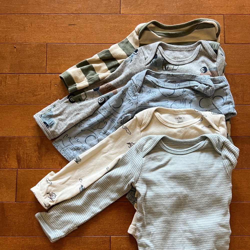 3M Bundle Long-Sleeve One-Piece Bodysuits - Green, Blue, Gray & Cream Mix
